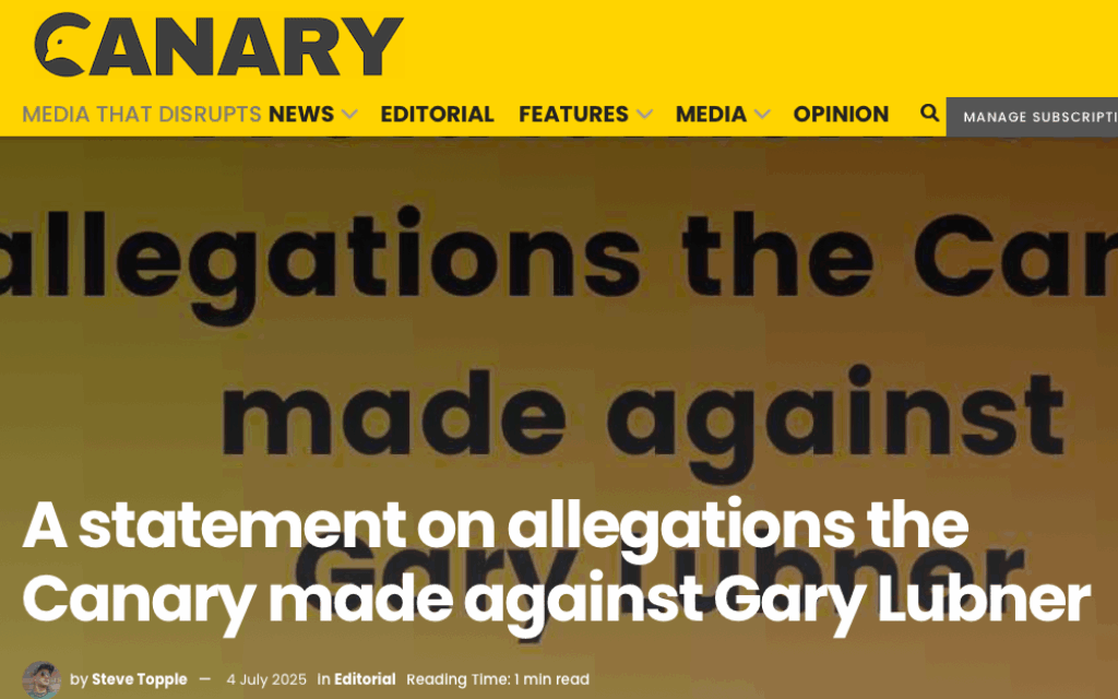 Canary publish apology to Gary Lubner