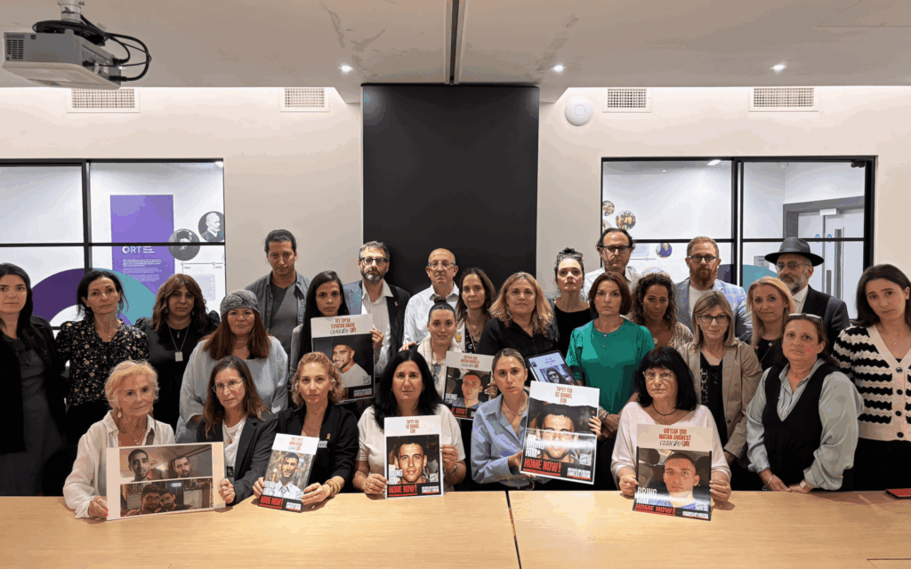 Relatives of hostages still held in Gaza address UK Jewish leaders during a meeting at the Board of Deputies, London, 8 July 2025. Photo: Annabel Sinclair