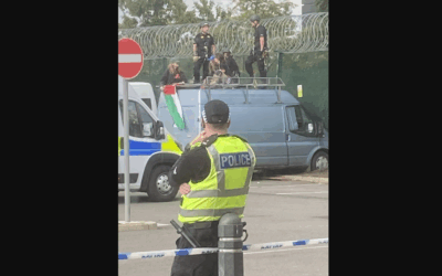 An image of the rammed vehicle, shared by the "Shut Down Leonardo" Twitter account