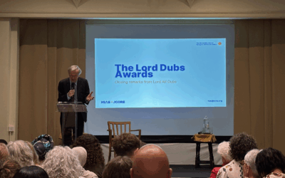Lord Alf Dubs delivers closing remarks at the 2025 Lord Dubs Awards, hosted by HIAS+JCORE at Westminster Synagogue.