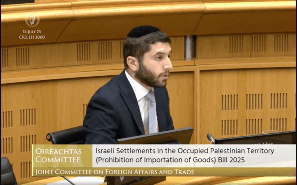 The Chief Rabbi of Ireland, Yoni Wieder, addressing the Irish Parliament's Foreign Affairs Committee