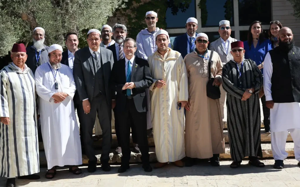 President Isaac Herzog with a delegation of Muslim community leaders from across Europe during a peace-building visit to Israel. Credit: Noor Dahri / X