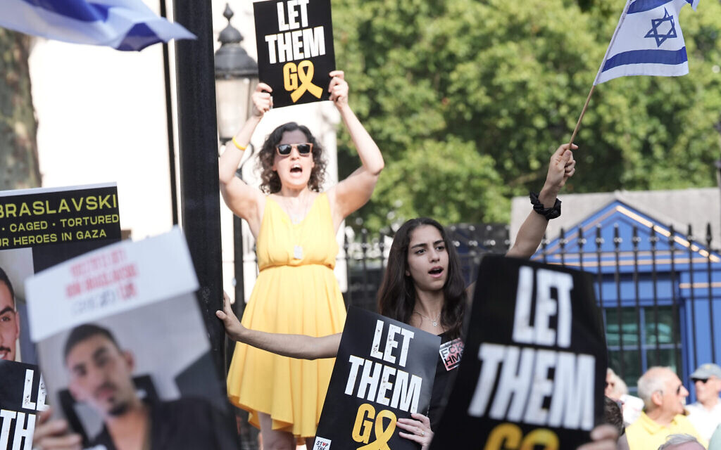 Pro-Israel supporters taking part in the National March For The Hostages, in central London, in support of family members of hostages being held by Palestinian militant group Hamas. Picture date: Sunday August 10, 2025. PA Photo. Photo credit should read: Stefan Rousseau/PA Wire