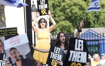 Pro-Israel supporters taking part in the National March For The Hostages, in central London, in support of family members of hostages being held by Palestinian militant group Hamas. Picture date: Sunday August 10, 2025. PA Photo. Photo credit should read: Stefan Rousseau/PA Wire