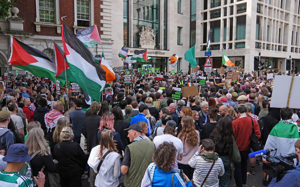 Supporters of Kneecap's Liam Og O hAnnaidh outside Westminster Magistrates' Court, London, where he is charged with a terrorism offence.