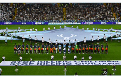 Banner on the pitch ahead of Super Cup game between PSG and Spurs