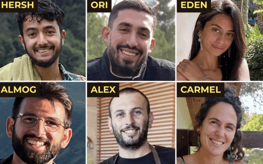 The ‘Beautiful Six’ – Hersh Goldberg-Polin, Ori Danino, Eden Yerushalmi, Almog Sarusi, Alexander Lobanov and Carmel Gat – remembered on their first yahrzeit. Photo: Israel/X