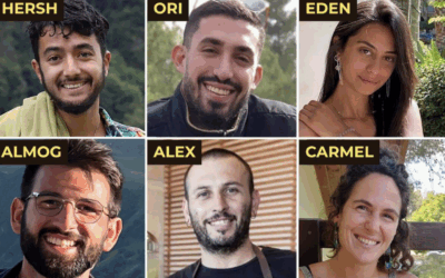 The ‘Beautiful Six’ – Hersh Goldberg-Polin, Ori Danino, Eden Yerushalmi, Almog Sarusi, Alexander Lobanov and Carmel Gat – remembered on their first yahrzeit. Photo: Israel/X
