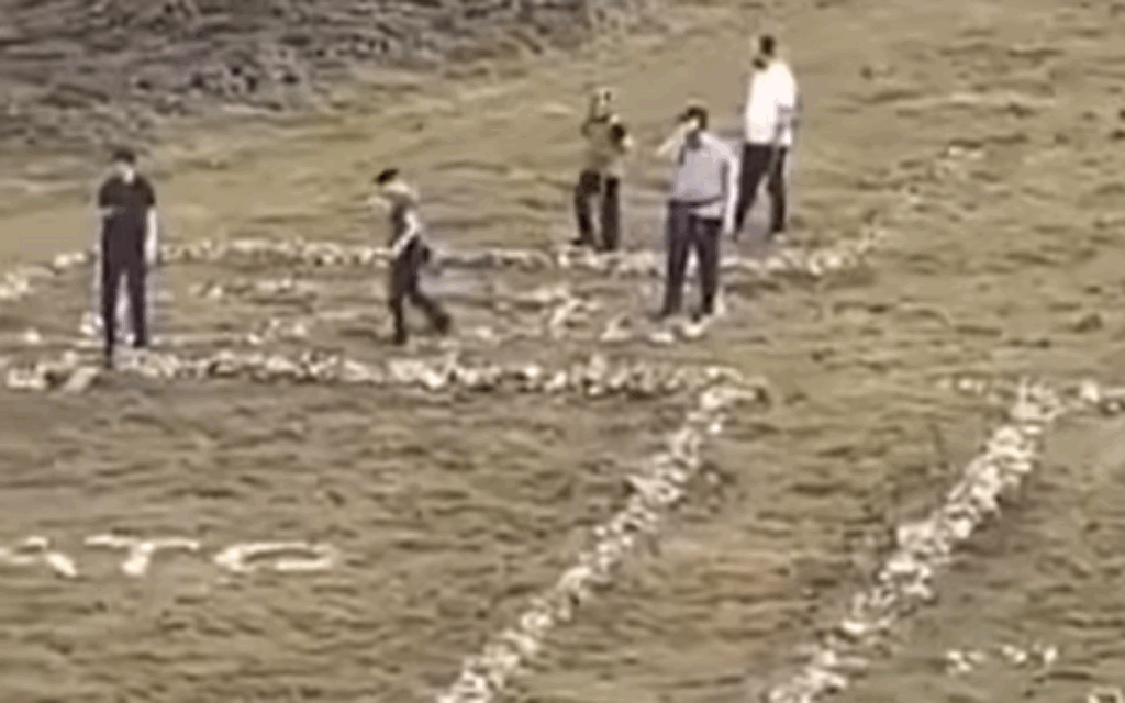The Charedi tourists in the process of dismantling a cross (Facebook)