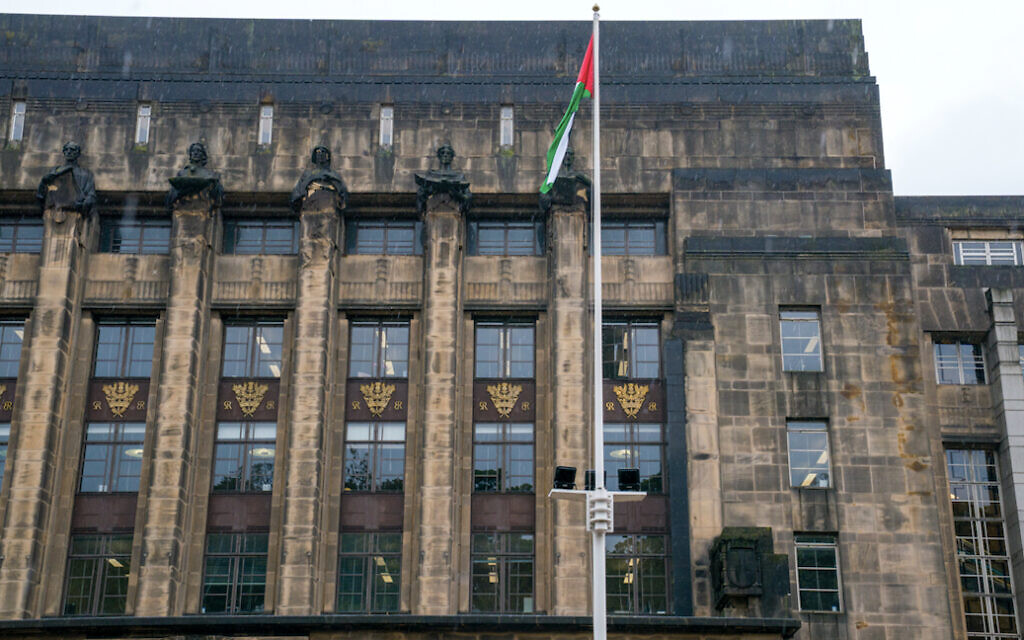 Palestine flags raised in front of Scottish Government buildings at the same time as the First Minister's statement on Gaza in the Scottish Parliament