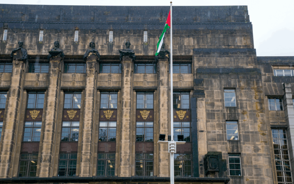 Palestine flags  raised in front of Scottish Government buildings at the same time as the First Minister's statement on Gaza in the Scottish Parliament