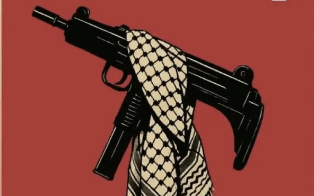 Image of a Carlo submachine gun draped in a keffiyeh shared by Leeds Students 4 Palestine. Credit: Instagram/Leeds Students 4 Palestine