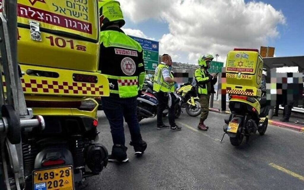 Emergency responders at the scene of Monday’s terror attack at Ramot Junction, near the entrance to Jerusalem. Photo: MDA