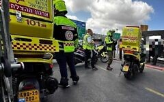 Emergency responders at the scene of Monday’s terror attack at Ramot Junction, near the entrance to Jerusalem. Photo: MDA