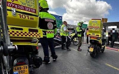 Emergency responders at the scene of Monday’s terror attack at Ramot Junction, near the entrance to Jerusalem. Photo: MDA