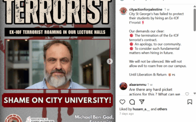 An Instagram post from "City Action for Palestine", falsely describing Ben-Gad as a "terrorist"
