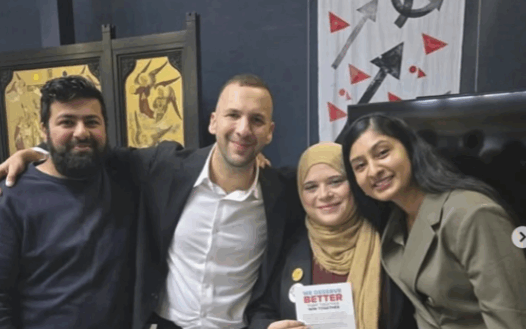 Zack Polanski, centre, and Zarah Sultana, right, at Muslim Vote event