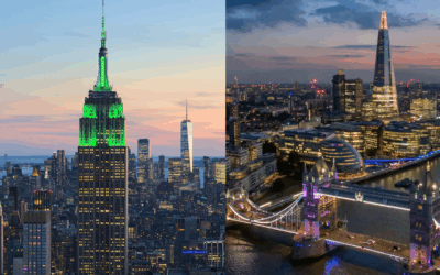 The skylines of New York (Creative Commons/Dllu) and London (Creative Commons, Ilya Grigorik)