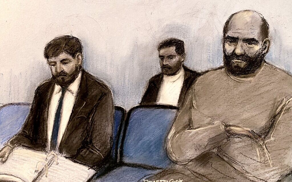 Walid Saadaoui, Bilel Saadaoui and Amar Hussein (L-R) appearing at Preston Crown Court. Court sketch by Elizabeth Cook/PA