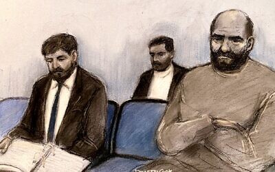 Walid Saadaoui, Bilel Saadaoui and Amar Hussein (L-R) appearing at Preston Crown Court. Court sketch by Elizabeth Cook/PA