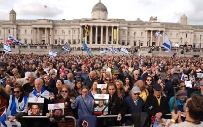 People attend an event organised by the Board of Deputies of British Jews (BDBJ) in London's Trafalgar Square, to mark the anniversary of the October 7 attacks in Israel. Picture date: Sunday October 5, 2025.