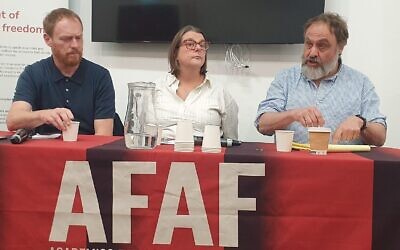 Michael Ben-Gad (right) addresses the Academics for Academic Freedom event alongside Ellie Lee, of the University of Kent, and Mark Birbeck, of the group Our Fight