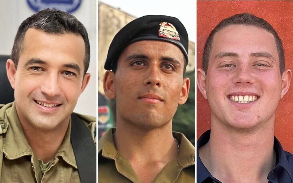(L-R) Col. Asaf Hamami, Staff Sgt. Oz Daniel, Cpt. Omer Neutra. All three were killed fighting terrorists on October 7, 2023 and their bodies returned to Israel on November 2, 2025 (Courtesy)