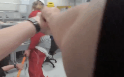 Bodycam footage from August 6, 2024, shows an officer aiming a taser gun at an intruder at Elbit UK's site in Bristol, England, after the intruder struck a police officer with a sledgehammer. (Screen capture: Channel 4)