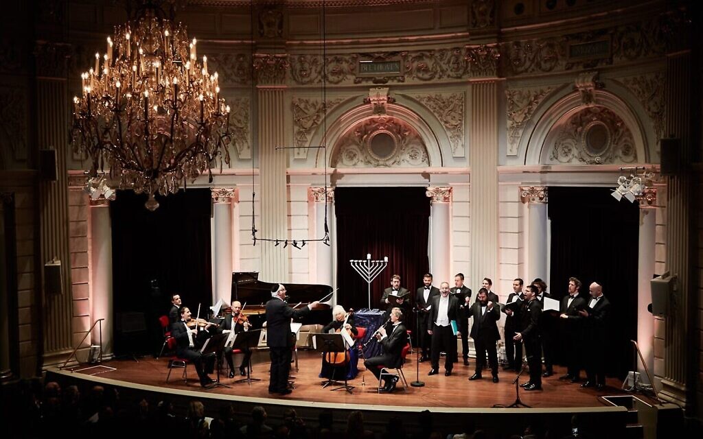 Cantors and musicians perform at the annual Chanukah event at the Royal Concert Hall in Amsterdam, Dec. 22, 2019. (Eduardus Lee via JTA)