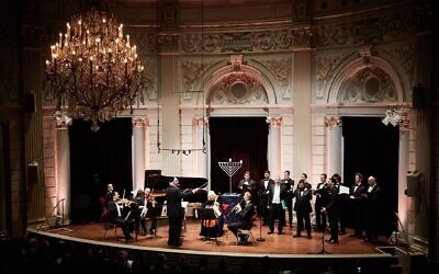 Cantors and musicians perform at the annual Chanukah event at the Royal Concert Hall in Amsterdam, Dec. 22, 2019. (Eduardus Lee via JTA)