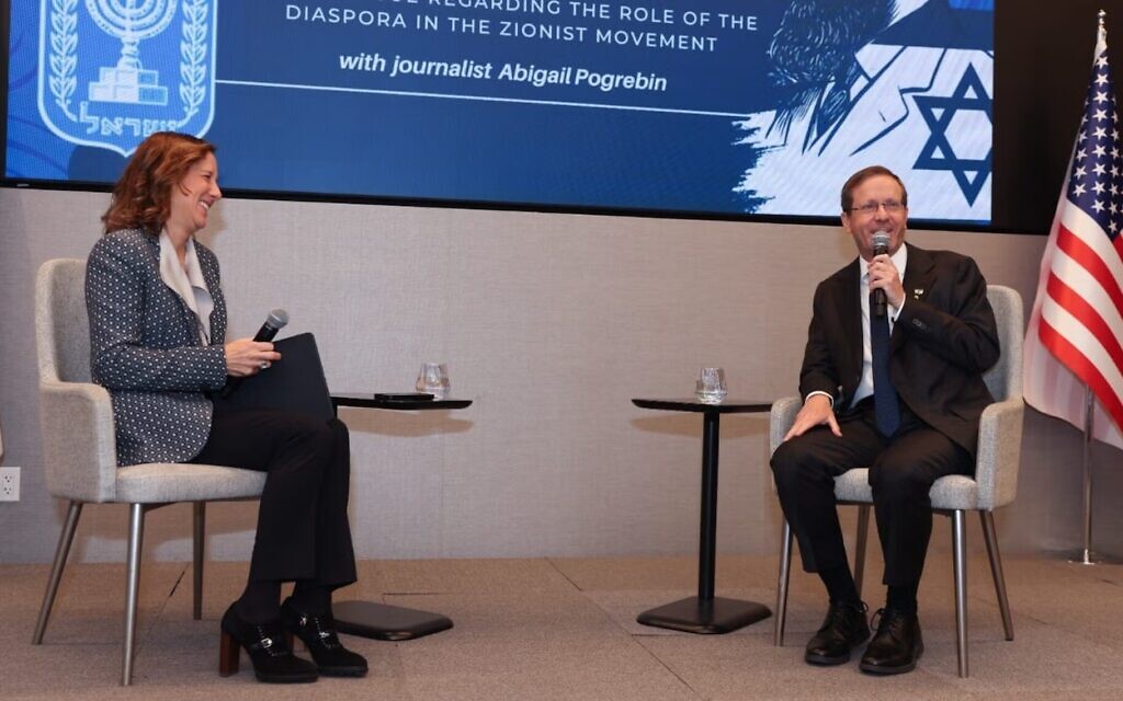 Israeli President Isaac Herzog in conversation with author and journalist Abigail Pogrebin on Dec. 8, 2025, at the Biennial National Assembly of the American Zionist Movement (AZM) in New York City. (Michelle Gevint)