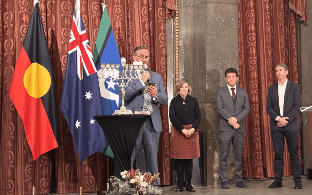 Menorah lighting at Australia House in London, hosted by the Board of Deputies, in memory of those killed in the antisemitic Bondi Beach terror attack.