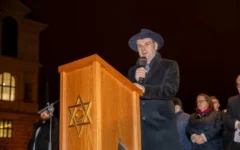 Czech Foreign Minister Petr Macinka voices support for moving the embassy to Jerusalem at a Sunday night Chanukah candle lighting ceremony in central Prague. Credit: Chabad. December 14, 2025.