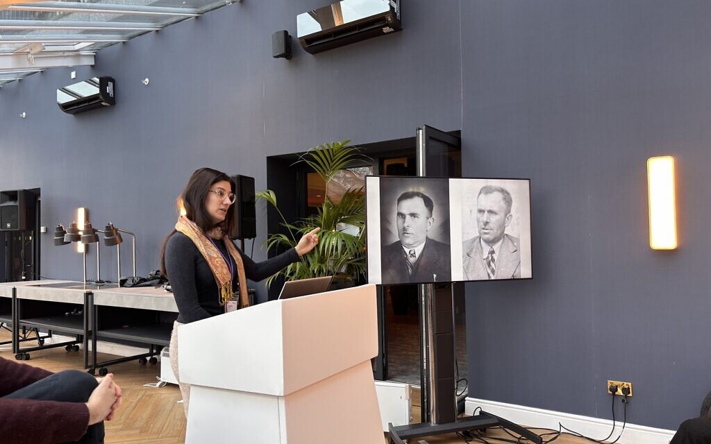 Jasmina Griffoul presents archival photographs during a Limmud Festival session exploring the morally complex story of a Nazi occupation official who helped save a Jewish family.