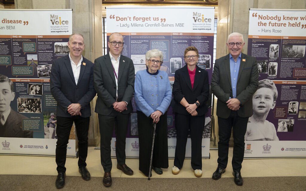 L-R: Raphi Bloom, Fed My Voice Director, Tom Stannard, CEO, Manchester Council, Lady Milena Grenfell-Baines, Cllr Bev Craig, Leader, Manchester Council, Bernie Yaffe, Chair of Trustees, The Fed. My Voice Exhibition Launch - Manchester Library, Monday Jan. 19, 2026. (Photo/Jon Super)