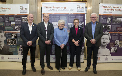 L-R: Raphi Bloom, Fed My Voice Director, Tom Stannard, CEO, Manchester Council, Lady Milena Grenfell-Baines, Cllr Bev Craig, Leader, Manchester Council, Bernie Yaffe, Chair of Trustees, The Fed. My Voice Exhibition Launch - Manchester Library, Monday Jan. 19, 2026. (Photo/Jon Super)