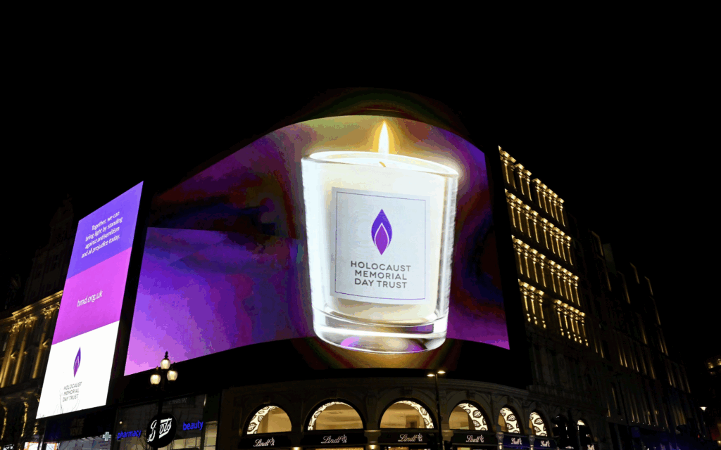 Six giant digital candles illuminate the Piccadilly Lights in London during the national Light the Darkness moment marking Holocaust Memorial Day.
Credit: Mark Lewis
