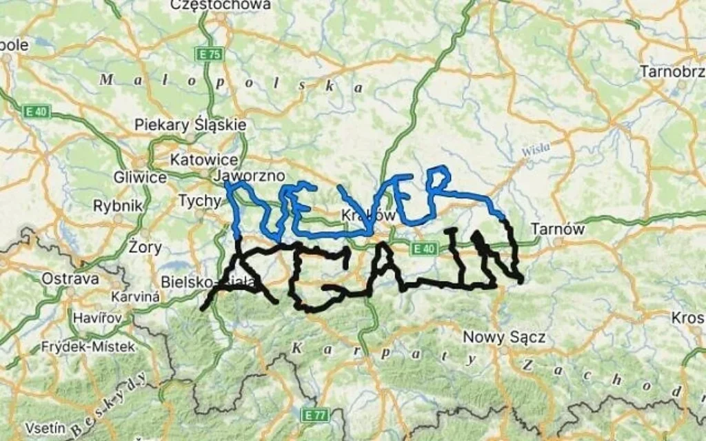 Cyclist Lukáš Klement's 1,000-kilometer bike route in Poland spells the words "Never again". Photo Credit: Zaka Search and Rescue.