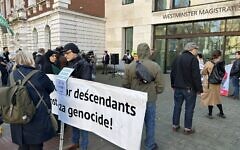 Protesters gather outside Westminster Magistrates’ Court during a demonstration linked to the “intifada” chant case.