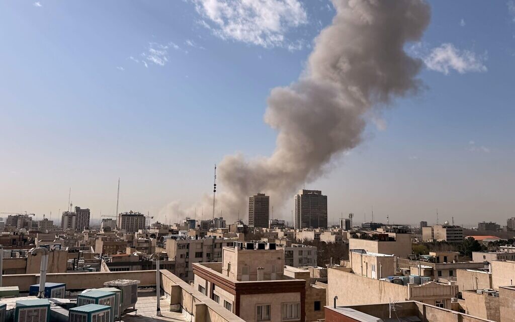 Smoke rises on the skyline after an explosion in Tehran, Iran, Saturday, Feb. 28, 2026.(AP Photo)