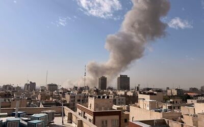 Smoke rises on the skyline after an explosion in Tehran, Iran, Saturday, Feb. 28, 2026.(AP Photo)