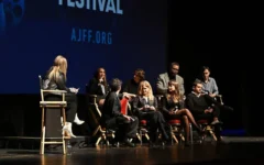 From left to right: Meghan Leathers, Jon Bass, Theo Taplitz, Kyra Sedgwick, Method Man, Milana Vayntrub, Adam Mitchell, and Daniel Robbins speak onstage during the 25th Atlanta Jewish Film Festival 'Bad Shabbos' opening night premiere at Cobb Energy Performing Arts Center on February 19, 2025, in Atlanta, Georgia. (Derek White/ AFP) From left to right: Meghan Leathers, Jon Bass, Theo Taplitz, Kyra Sedgwick, Method Man, Milana Vayntrub, Adam Mitchell, and Daniel Robbins speak onstage during the 25th Atlanta Jewish Film Festival 'Bad Shabbos' opening night premiere at Cobb Energy Performing Arts Center on February 19, 2025, in Atlanta, Georgia. (Derek White/ AFP)