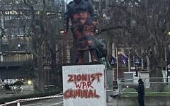 Graffiti daubed on Winston Churchill statue in Parliament Square, Westminster