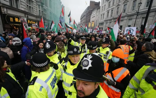 People taking part in a national march for Palestine in central London, 18 January 2025. Photo: PA