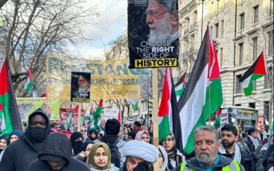 Banners at. pro-Palestine demo in support of the Iranian regime