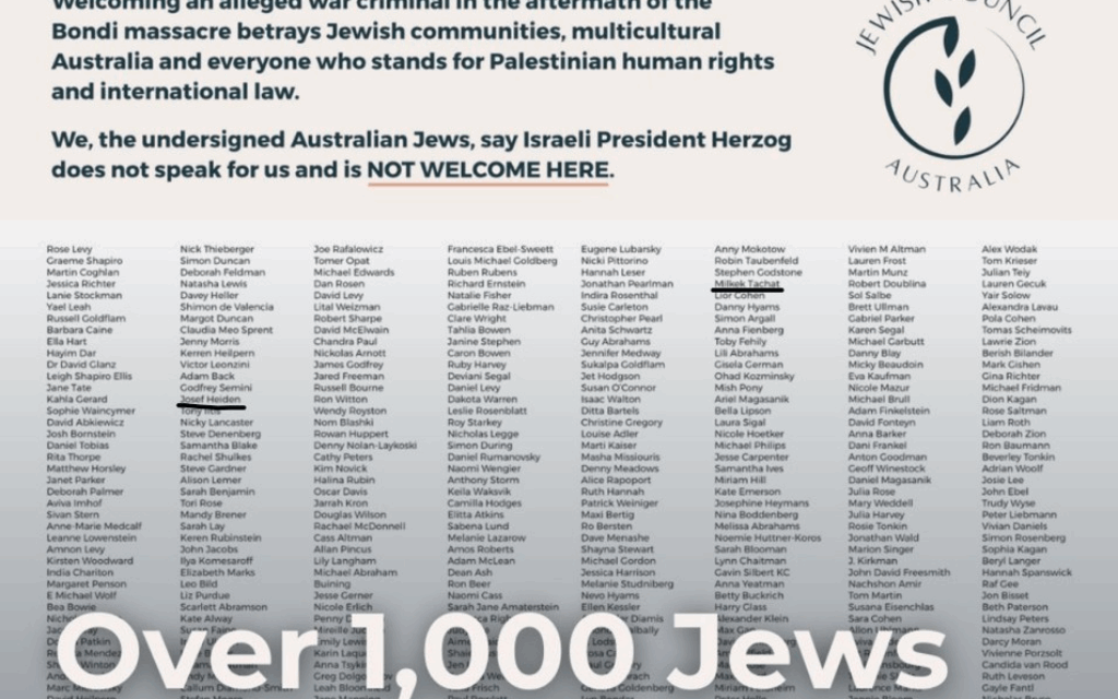 Part of the ad published by the "Council of Australian Jews" today. 'Milkek Tachat' and 'Josef Heiden' are underlined