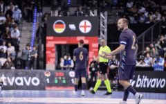 England captain Russell Goldstein during the international futsal match against Germany at the Porsche Arena in Stuttgart. Credit: Ben Dittmar