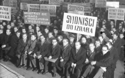 A protest during Communist Poland's "anti-Zionist" campaign, which saw around 25,000 Jews flee the country. The poster in the front says "Zionists to Israel"