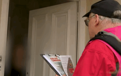 An "Apartheid Free Zone" campaigner door-knocking in Brighton (Credit: Sky News)