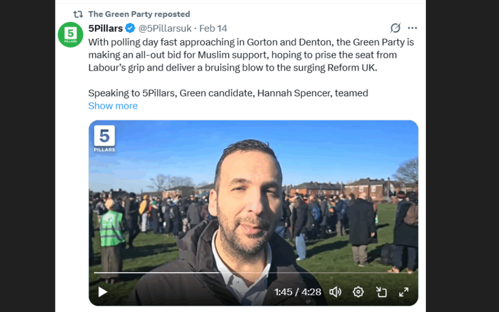 The interview with the extremist outlet was shared by the Green Party on Twitter, before being quietly deleted on Thursday, some 12 hours after Jewish News contacted the party's press office